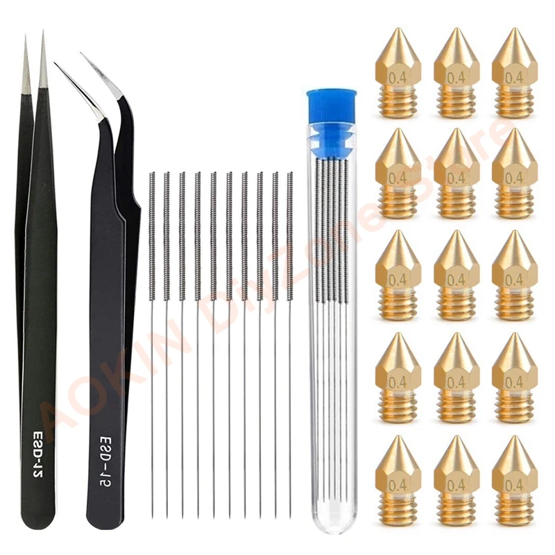 

15PCS 3D Printer MK8 Nozzles 0.4mm Extruder Print Head with 10 Stainless Steel Cleanning Needles and 2Pcs Tweezers Tools Kit
