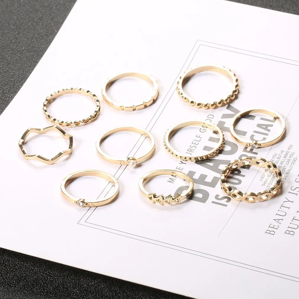 Wave Hollow Arrow Gear Pearl Ring 10 Piece Suit Professional Fashion Romantic Small Fresh Long-Lasting Use Durable | Украшения и