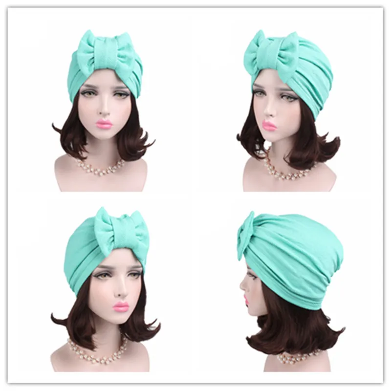 Мусульманская однотонная шапка женская с большим бантом стрейч хиджаб тюрбан