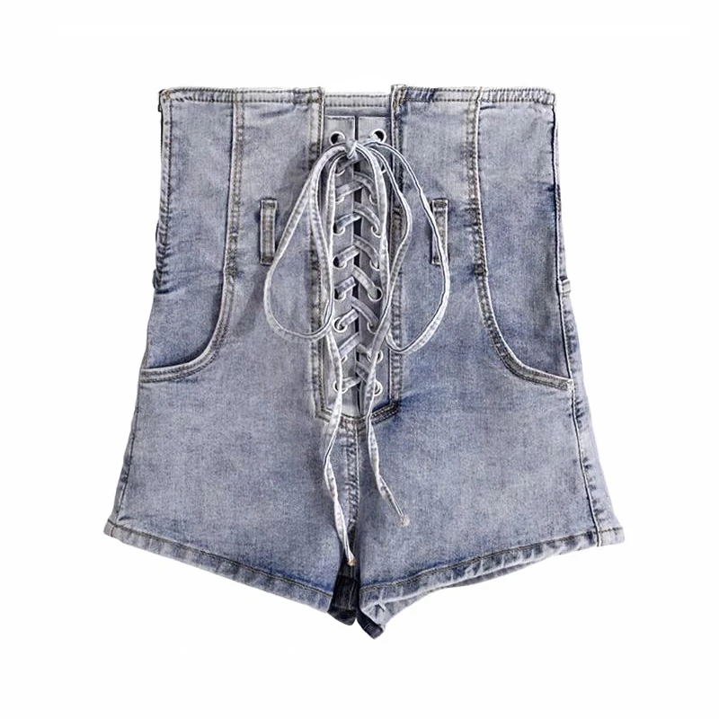 

Lace Up Light Blue Denim Shorts Women Side Slit Zipper Pocket High Waist Shorts Summer Lady Jean Shorts Black Pastel Goth Short