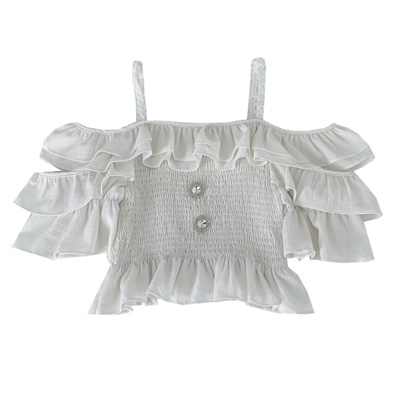 

Fitaylor New Summer Women Sweet Slash Neck Ruffles Folds Short Chiffon Shirts Casual Short Sleeve Solid Color Slim Sling Tops