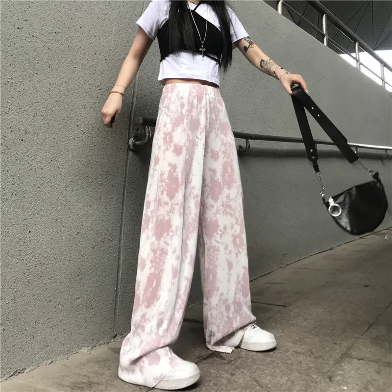 

Harajpoo Women Pants 2021 Summer New Korean Style Tie-dye Wide-leg High Waist Thin Loose Drape Mopping Casual Female Trousers