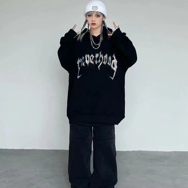 

Loose Hoodies Women's Autumn-winter Fashion Diamond Hot Fix Printed Tops American Style Streetwear Hoodie Jacket Goth Sweatshirt