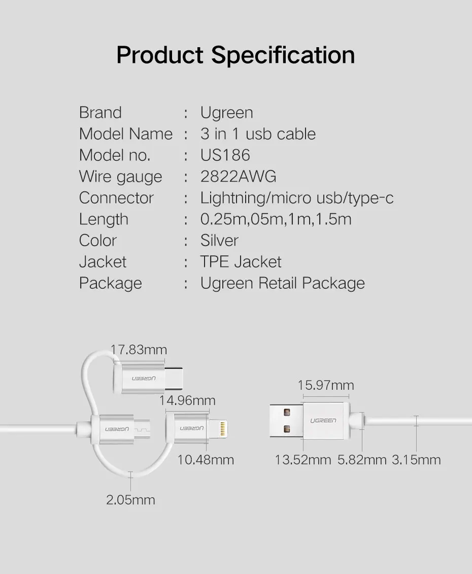 Ugreen 3 в 1 Lightning USB кабель для iphone 8 7 Micro USB кабель быстрой зарядки Тип USB C для OnePlus 5 Samsung Galaxy S8 LG V3