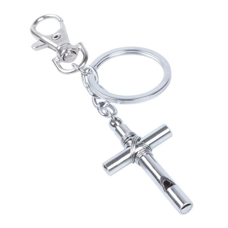 

Silver Cross Pendant Keychain With Whistle Clasp
