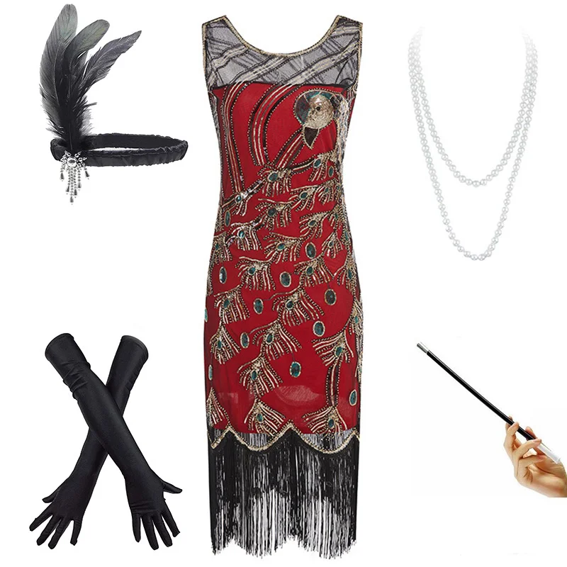Red set 1920s винтажное платье с павлином и блестками, с бахромой, вечерние, Украшенные бусинами, платье Грейт Гэтсби/комплект аксессуаров(S-XXXL - Цвет: Red set