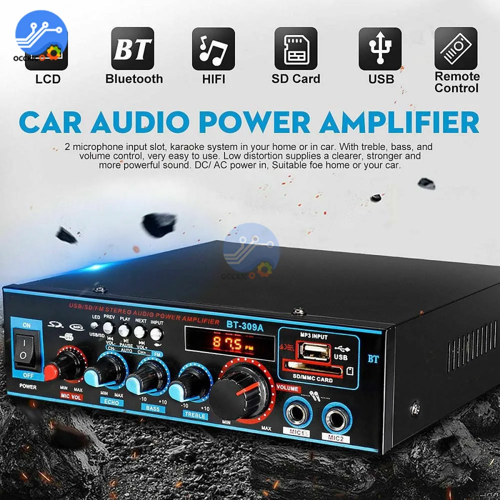 

200W Bluetooth 5.0 Amplifier 2.0 Channel 100W+100W Car Audio Power AMP Bass HIFI Music Player AUX FM USB SD with Remote