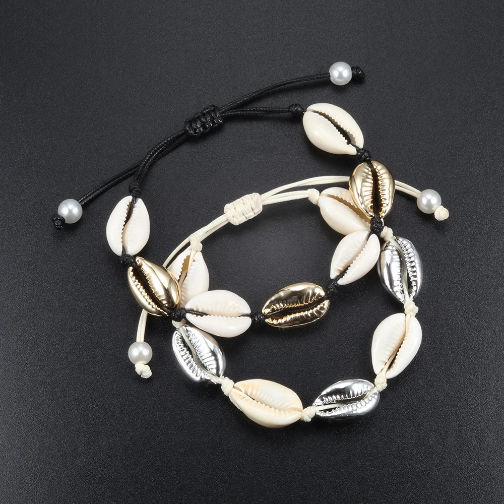 High Quality Women Shells Bracelets Rose Gold Color Natural Shell Knit Bracelet Bangle Jewelry Summer Beach Girl Gift Free Size | Украшения