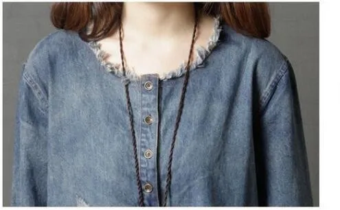 #0190 осень трапециевидной формы с круглым вырезом платье из джинсовой ткани для