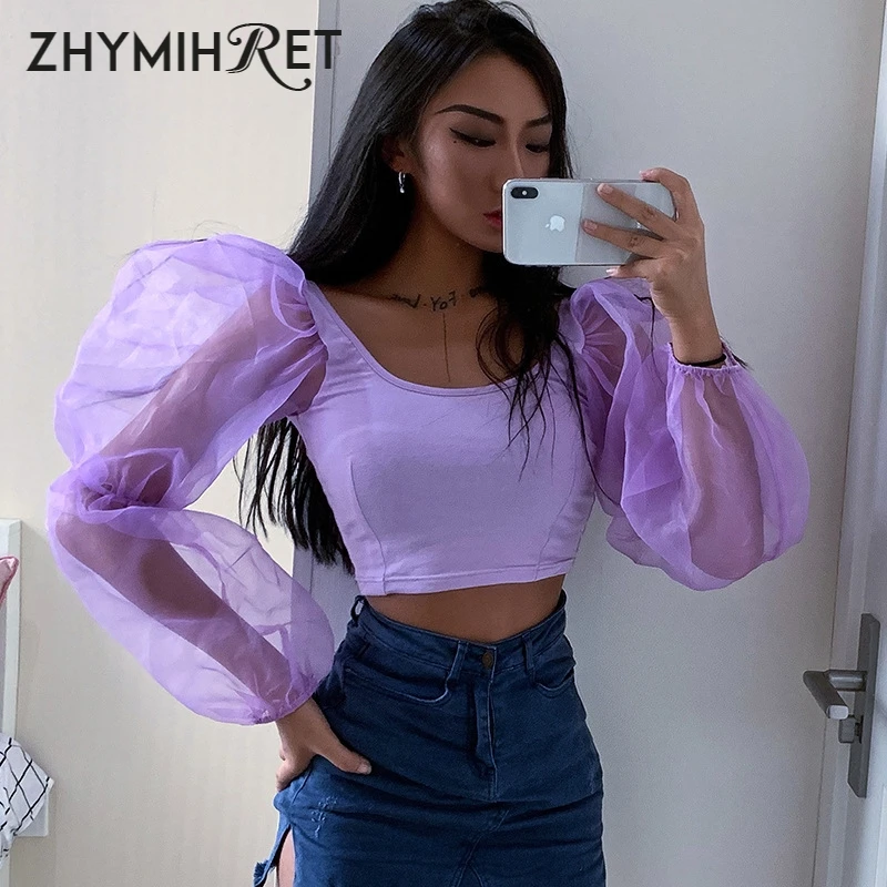 ZHYMIHRET весна 2019 полупрозрачный женский короткий топ с рукавами женская футболка
