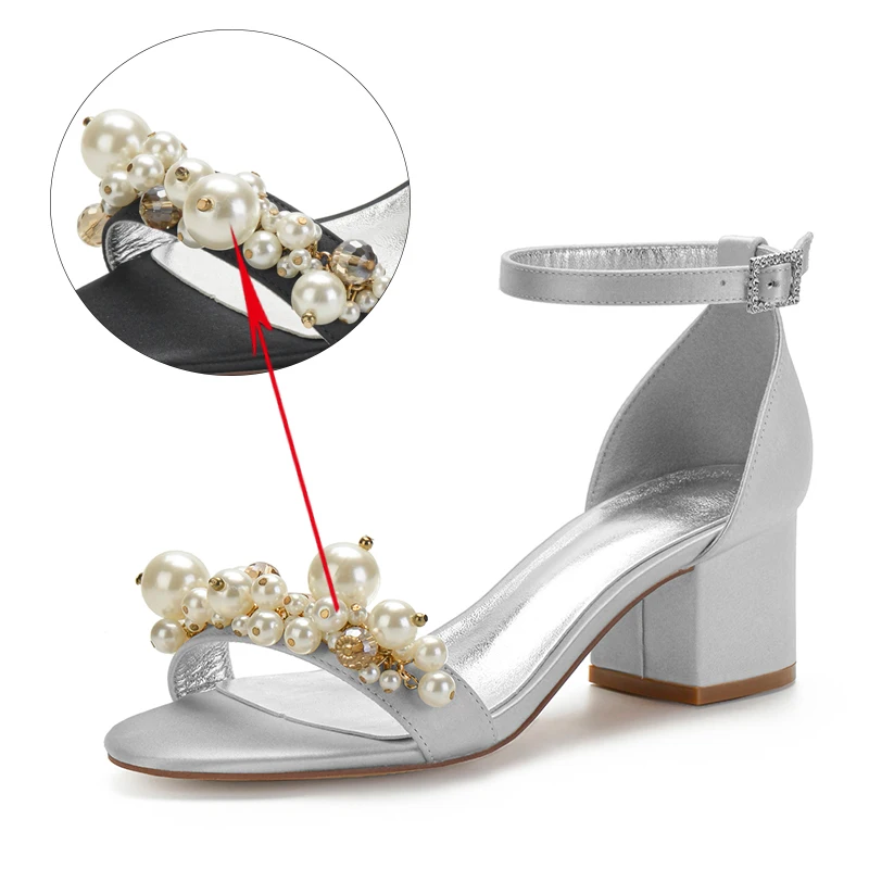 

Fashion pearl Mid Heels Bride Wedding Sandals Casual Open Toe Satin Women Shoes Ankle Strap Evening Sandals Summer White