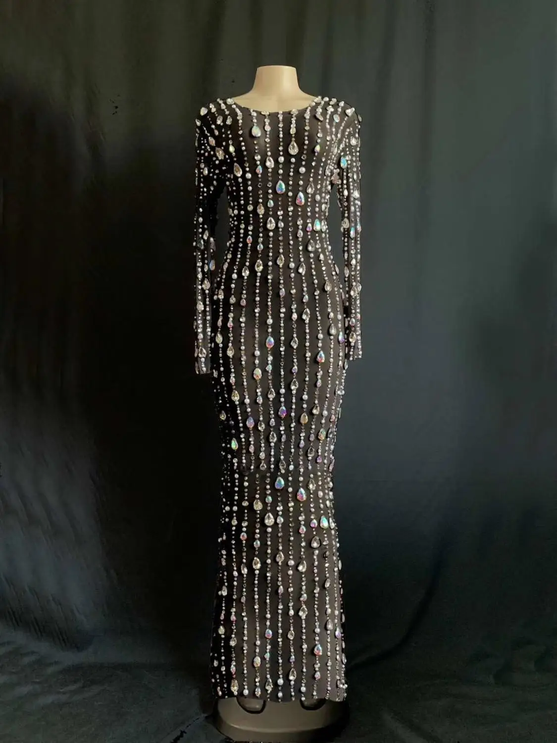 New Fashion Colorful Rhinestones Pearls Long Dress Birthday Celebrate Stretch See Through Perspective Evening Sexy Dresses | Тематическая