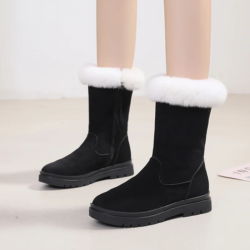 

Женские зимние сапоги из флока, черные сапоги до середины икры с круглым носком, на молнии, с коротким плюшем, теплая Модная женская обувь, зи...