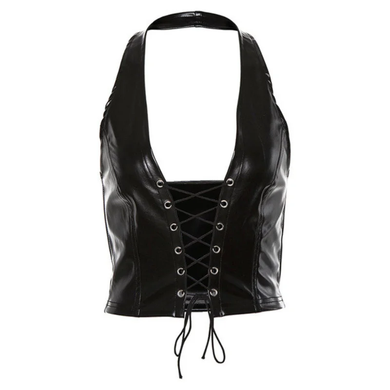 

Fashion Punk Black Leather Hollow Crop Tops Womens Camisole 2021 Summer Fashion Stretch Tees Slim Soft Leather Tank Tops