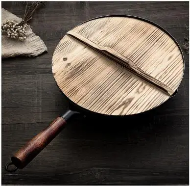 Wooden cover and pot Ручной работы железный горшок 32 см без покрытия для здоровья вок антипригарная сковорода газовая плита индукционная плита универсальная деревянная крышка - Цвет: Wooden cover and pot