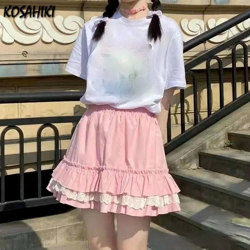 

KOSAHIKI High Waist Mini Skirt Japanses Cute Sweet Faldas Mujer Moda 2021 Pink Lace Patch Pleated Skirts Women Summer Saia