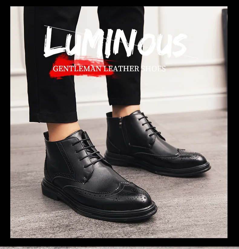 BIMUDUIYU Autumn New Men Leather Ankle Oxford Boots British Style Male Casual Lace Up Derby Shoes Fashion High Top Brogue Shoes