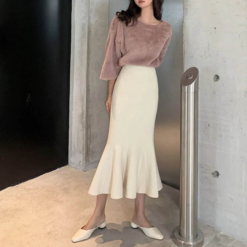 RealShe Женская юбка длинная высокая талия одноцветная Русалочка вязаные юбки для