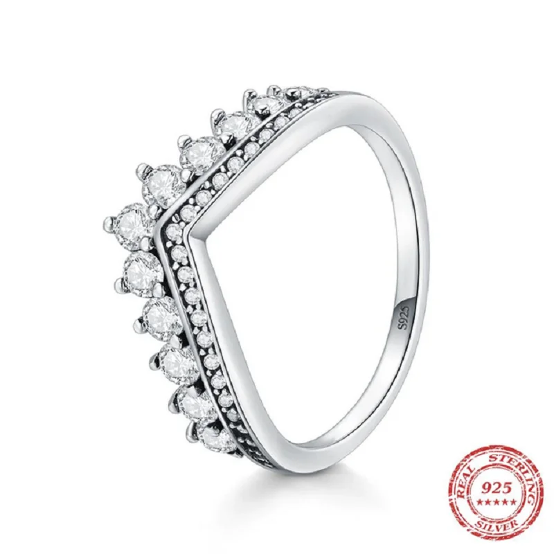 

Fashion 100% Real 925 Sterling Zircon Crown Finger Ring Classic Stackable Silver Jewelry For Women Wedding Christmas Gift