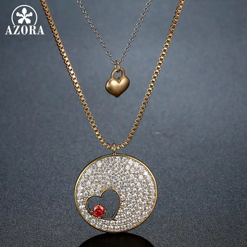 Женское Ожерелье с фианитом AZORA Золотистое двойным сердцем украшенное TN0287 |
