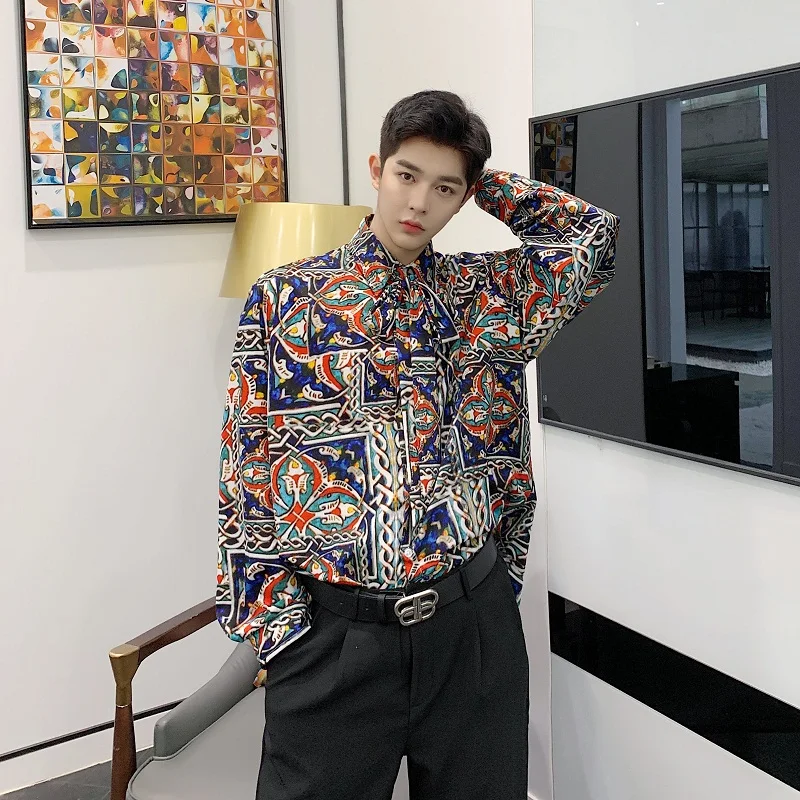 

Men Vintage Print Casual Long Sleeve Shirts Bow Tie Ribbon Japan Korea Style Male Streetwear Fashion Show Dress Shirts