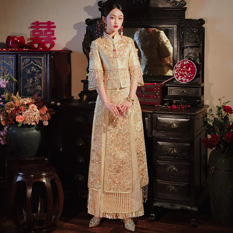 

Свадебное платье невесты большого размера, Чонсам с вышивкой, Свадебный костюм в китайском стиле, 4XL, 5XL, 6XL