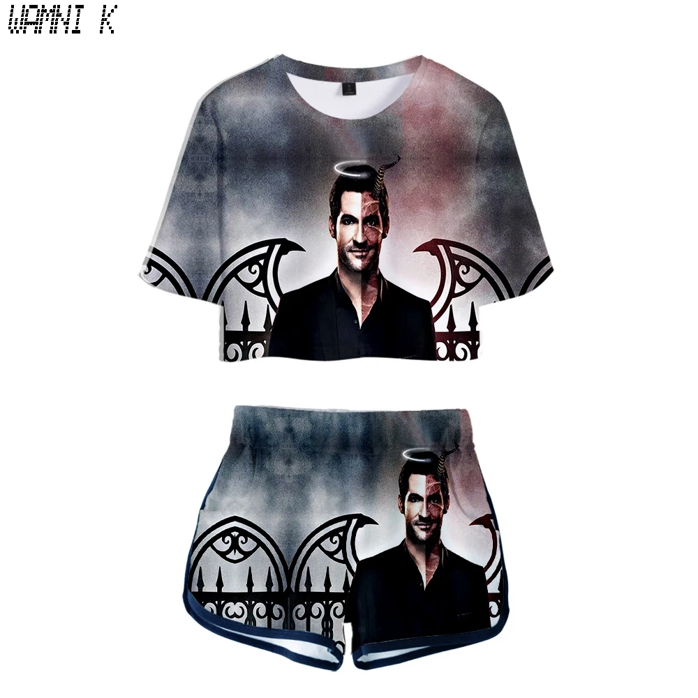 

Fashion Lucifer Season 5 3D Print Dew navel Sport Girl suits Youthful Two Piece Set Short Sleeve Sexy Shorts+lovely T-shirts