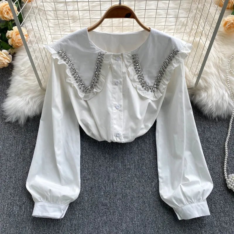 

ZCSMLL Women Beaded Diamond White Loose Shirt New Peterpan Collar Long Sleeve Fashion Temperament Spring Autumn 2021