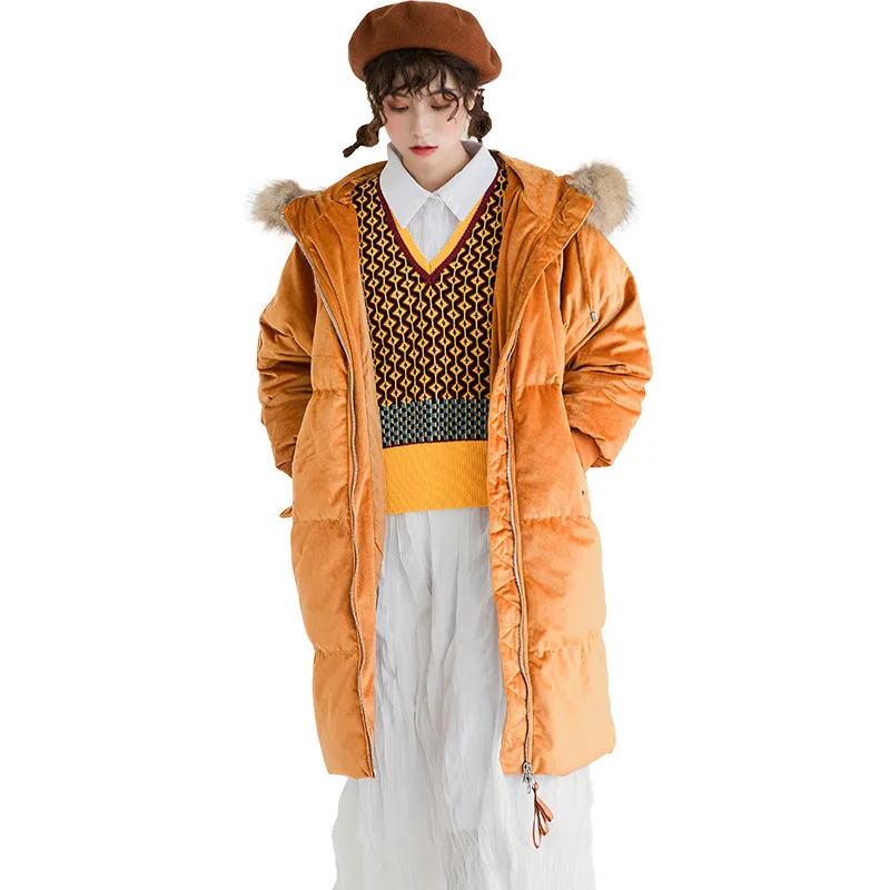 Модные Длинные пуховики с большим меховым воротником женские золотые бархатные