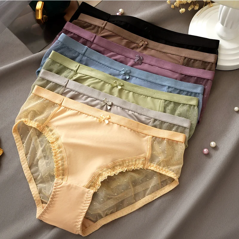 

Summer Sexy Lace Women Panties Bow Mid-Waist Briefs Hollow Out Breathble Sensual Lingerie Female Cotton Crotch Panties