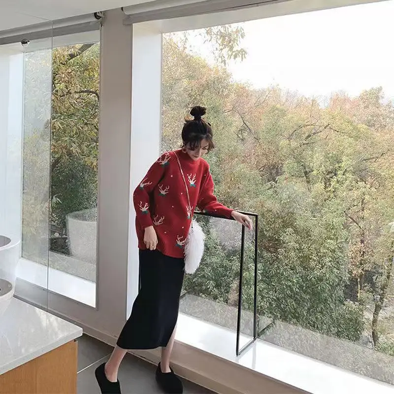 

Woman Sweaters Autumn Winter Christmas Cartoon Loose Knitted Sweater Pullover Red Top for Women 2020 Femme Chandails Pull Hiver