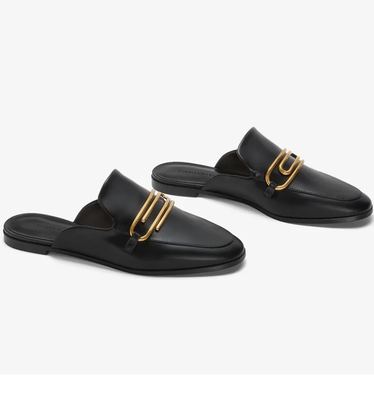 Low-heeled Slippers Women's British Style Breathable Slippers Metal Buckle Flat Mueller Shoes Womens Shoes Female Shoes