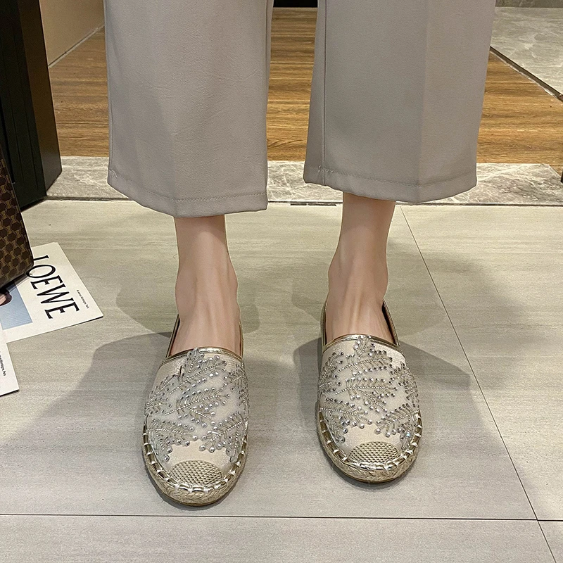 

New Women Espadrilles Fashion Loafers Designers Woman Round Toe Fisherman Shoes Slip on Flats Footwear Flock Crystal Ladies 2021