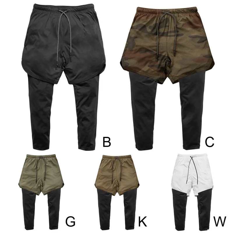 

2020 New Men's Fake two-piece Double-layer Large Size Fitness Training Sports Shorts Pocket Quick-drying Jogging Shorts Men*