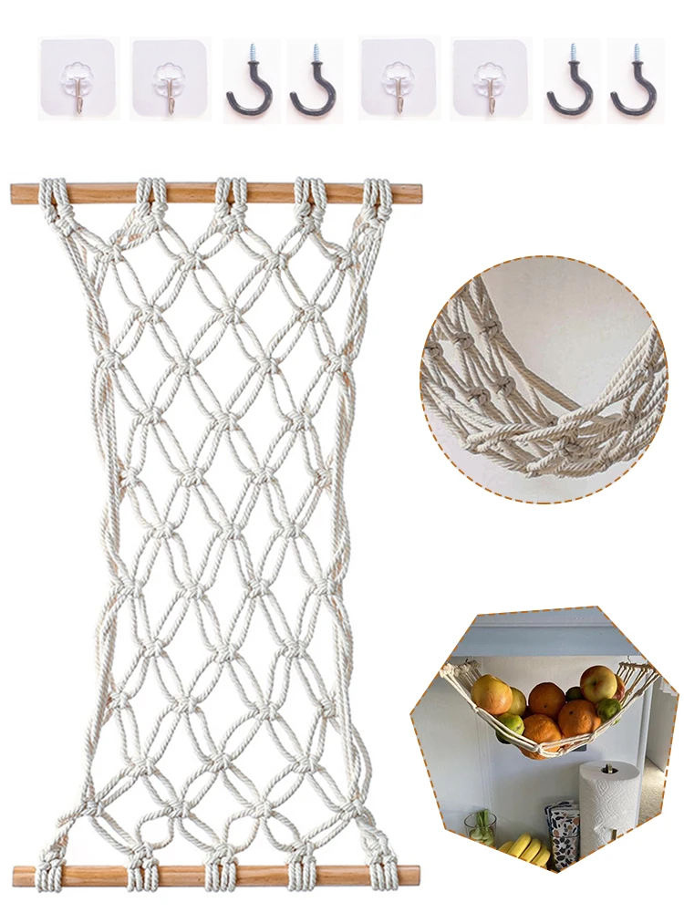 Handmade Fruit and Veggie Hammock with 8 Hooks Under Cabinet for Boho Themed Home Kitchen | Storage Baskets