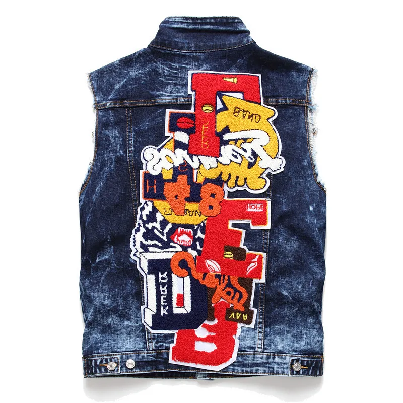 

Men's Jean Jacket Blue Embroidery English Elemente Male Denim Vest Hip Hop Streetwear Outerwear High quality Tactical Vest Mens