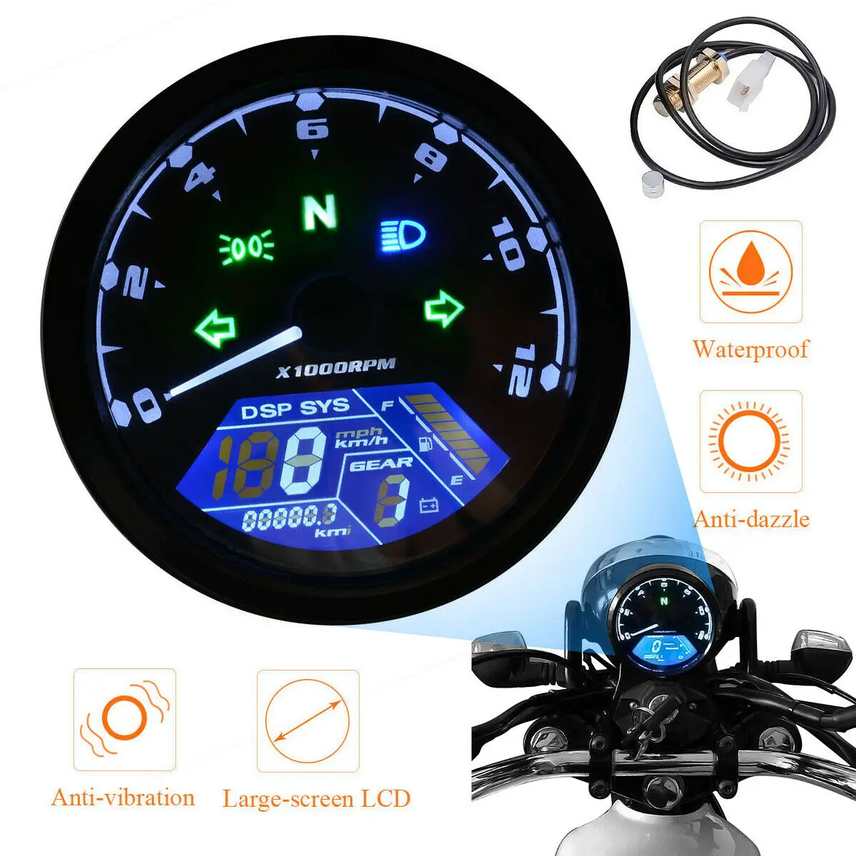 

Motorcycle LCD Digital Speedometer Tachometer Odometer 12000 RPM 8-18V Universal Motorbike Tacho Gauge Cafe Racer Motor Meter