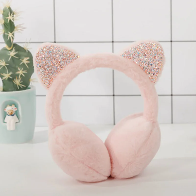 

Winter Children Girls Sequins Cat Ears Plush Earmuffs Warm Cold Students Earflap Ear Warmer Christmas Style