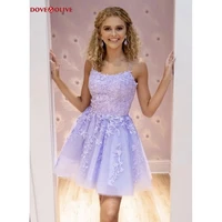 lilac prom dresses lace applique beaded short mini a line spaghetti strap scoop evening party gowns tulle robe femme soiree