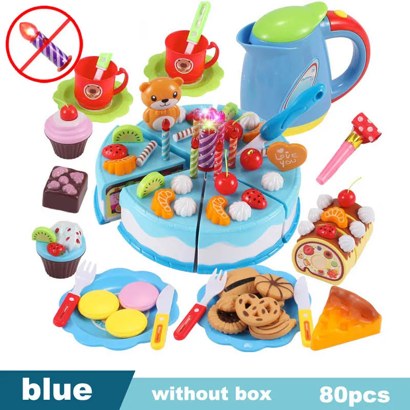 QWZ069-80pcs-blue 37-80 шт. DIY ролевые игры фруктовая резка торт на день рождения кухня еда игрушки Cocina De Juguete игрушка розовый синий подарок для девочек для детей - Цвет: QWZ069-80pcs-blue