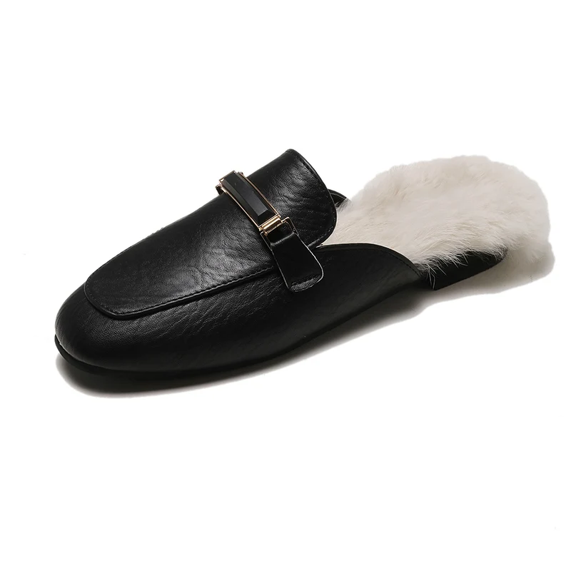 Меховые плюшевые тапочки с металлической пряжкой однотонные кожаные туфли