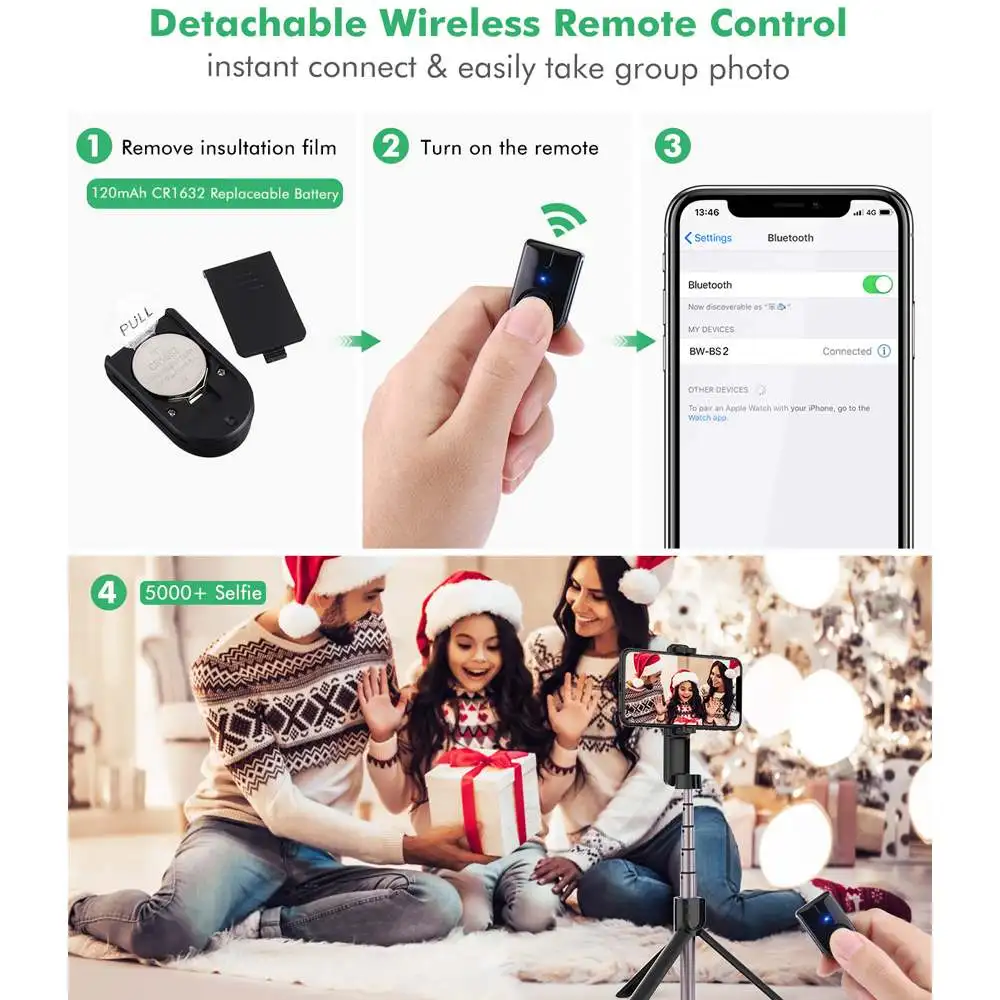 Портативная мини селфи палка BlitzWolf с bluetooth штатив дистанционным управлением монопод вращающийся зажим для