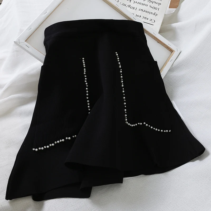 Neploe корейский элегантный бисерный с бриллиантами карманами вязаная юбка высокая