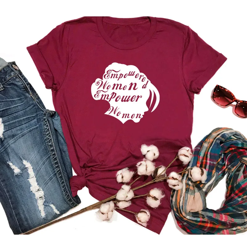burgundy--white text Женская графическая футболка Hipster мощная феминистка Женская винтажная рубашка гранж Хлопковая женская футболка гранж Цитата Топ - Цвет: burgundy--white text