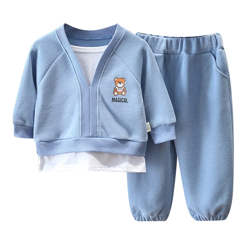 

2021 Autumn Children Clothing 1 2 3 4Years Casual Baby Boys Sportswear Cotton Fake Two Tops +Pants Outfit Suit Kids Clothes Sets