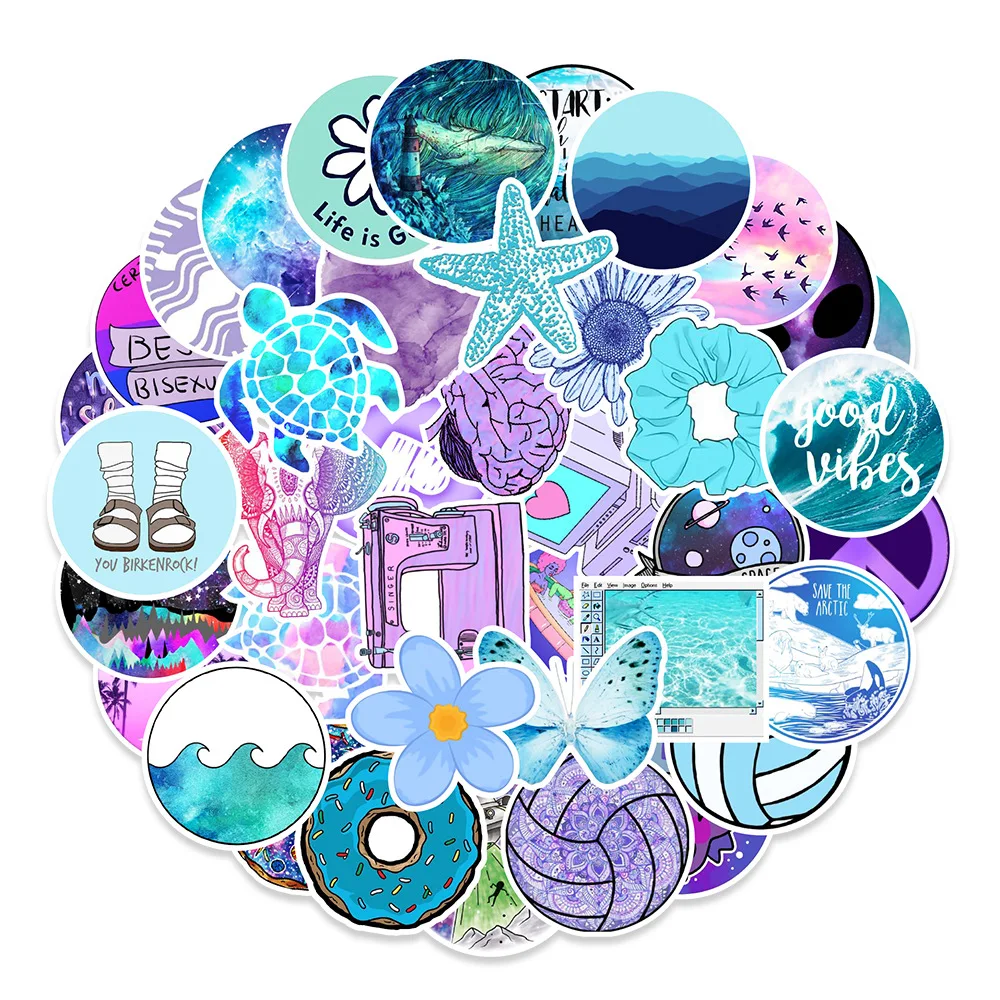 

10/30/50PCS INS Blue Purple Small Fresh Cartoon Graffiti Waterproof Sticker Suitcase NotebookRefrigeratorHelmetWaterCupWholesale