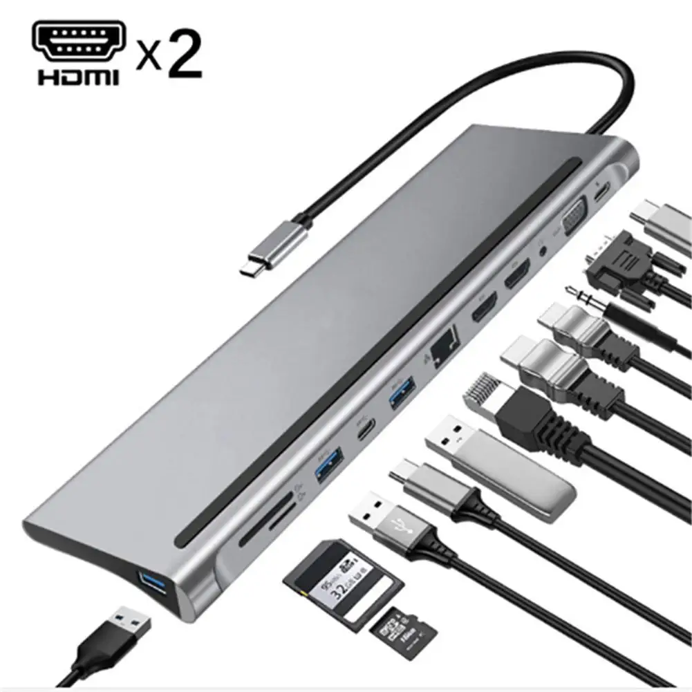 

Cable Hub 12 in 1 Type-c to Dual VGA/USB 3.0 Hub/PD/RJ/Micro-SD/TF Card Dock Adapter Laptop Docking Stations up to 87W