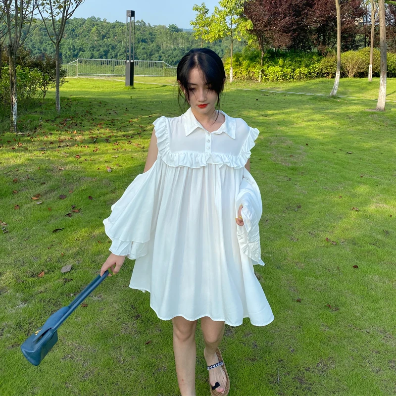 

Autumn New Sweet Loose Solid White Off-the-Shoulder A Line Butterfly Sleeve Women Dress