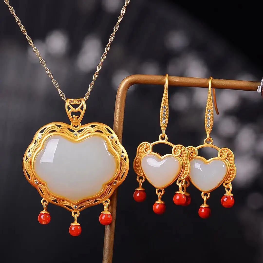 

Natural 925 Silver Inlaid Hetian Jade Earrings Pendant Necklace
