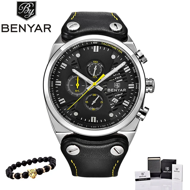L-silver yellow Benyar часы мужские роскошные Топ бренд мужские s водонепроницаемые часы мужские спортивные наручные часы Мужские часы с кожаным ремешком Relogio Masculino - Цвет: L-silver yellow
